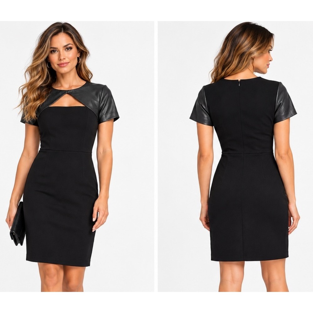 DKNY Womens 6 Black Lambskin Leather Sleeve Cutout Sheath Dress Moto Goth Y2K